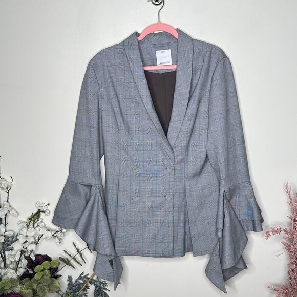 C/MEO COLLECTIVE Ruffled Bell Sleeve Plaid Double Breasted Blazer Gray - Picture 3 of 6